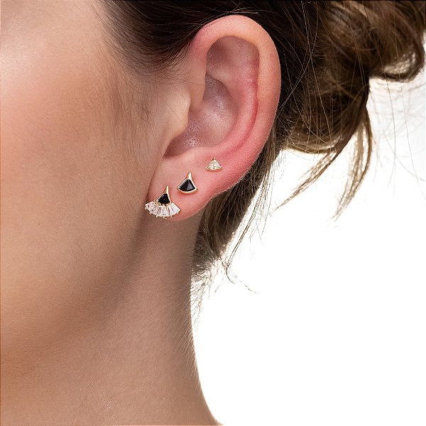 Trio de Brincos Leques com Resina Preta folheado a ouro