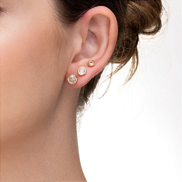 Trio de Brincos Pontos de Luz Redondos folheado a ouro