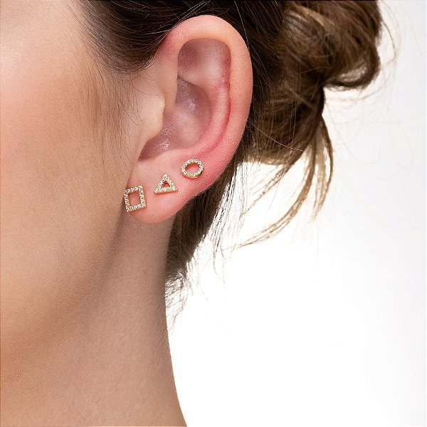 Trio de Brincos Geométricos Vazados folheado a ouro