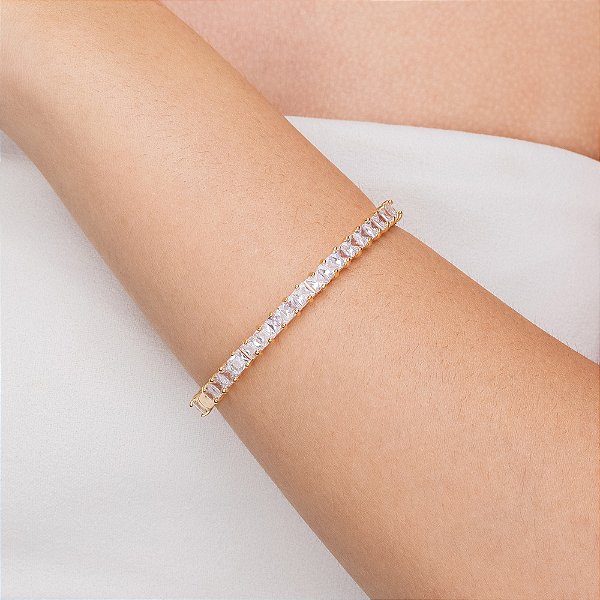 Bracelete Rígido Riviera com Zircônias Quadradas folheado a ouro