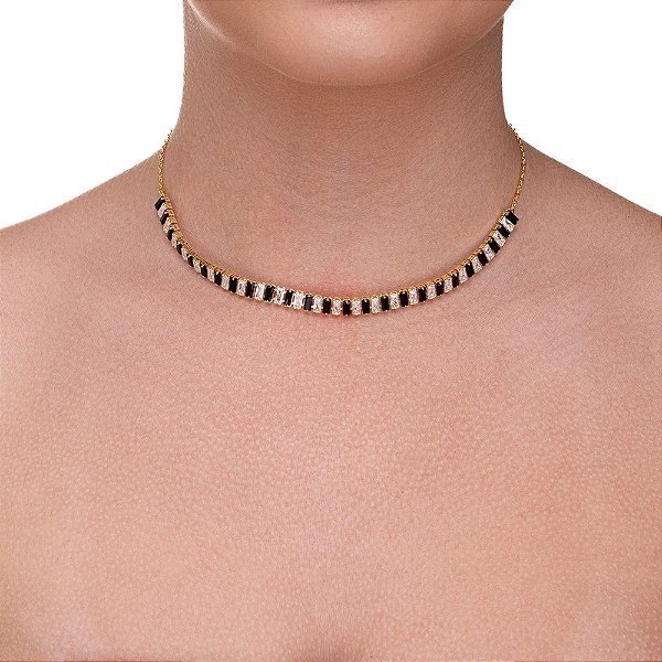 Colar Riviera Cristais Retangulares Preto e Incolor folheado a ouro