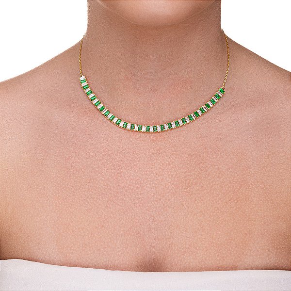 Colar Riviera Cristais Retangulares Verde e Incolor folheado a ouro