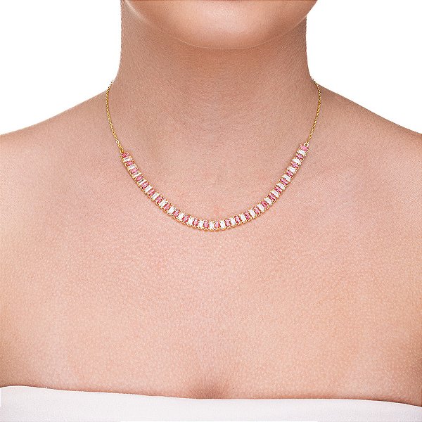 Colar Riviera Cristais Retangulares Rosa e Incolor folheado a ouro