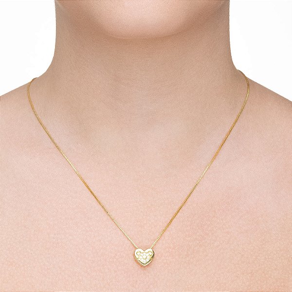 Colar Coração com filha Cravejado folheado a ouro