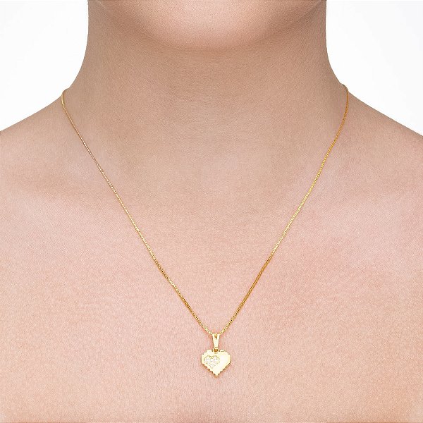 Colar Coração Pixelado com Zircônias folheado a ouro