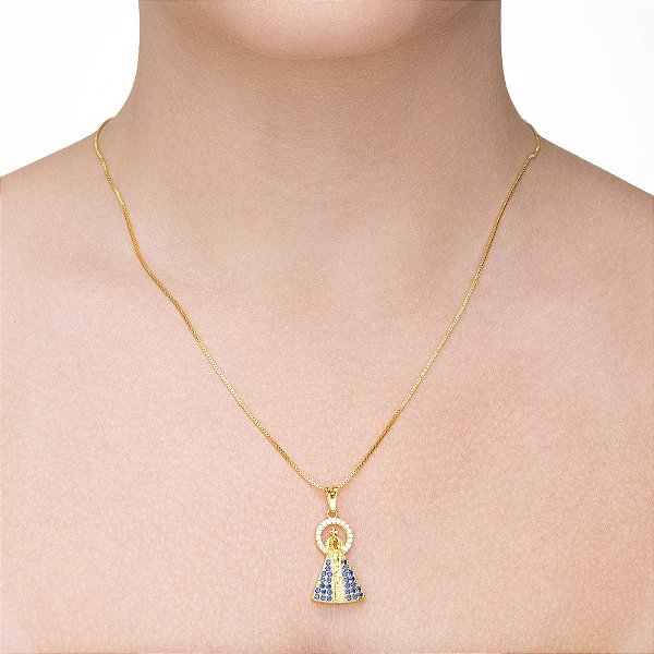 Colar Nossa Senhora Aparecida Cravejada com Coroa folheado a ouro