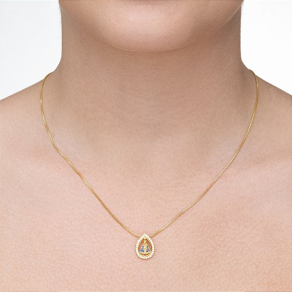 Colar Medalha Nossa Senhora Aparecida Cravejada azul folheado a ouro