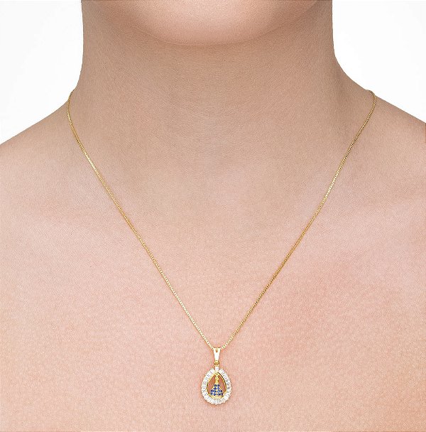 Colar Medalha Nossa Senhora Aparecida Cravejada folheado a ouro