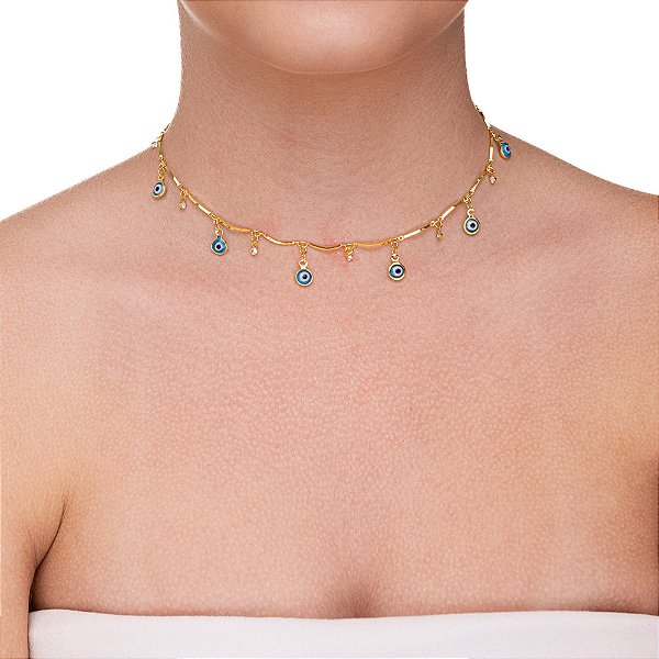 Choker Curvos com Olho Grego e Pontos de Luz folheado a ouro