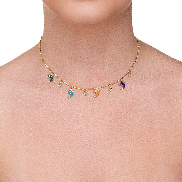 Choker olho grego de Golfinhos Coloridos folheado a ouro