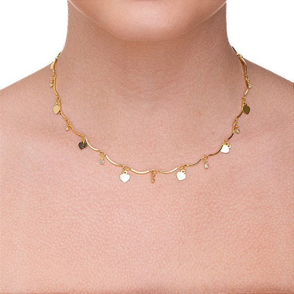 Choker canga de Corações e Pontos de Luz intercalados folheado a ouro
