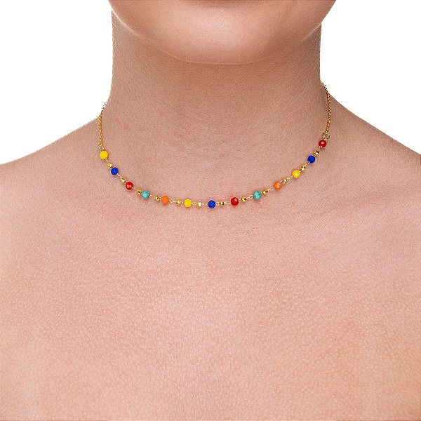 Choker Cristais Multifacetados Coloridos folheado a ouro