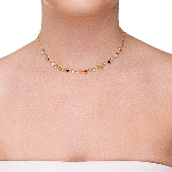 Choker Estrelas e Pedras Coloridas folheado a ouro