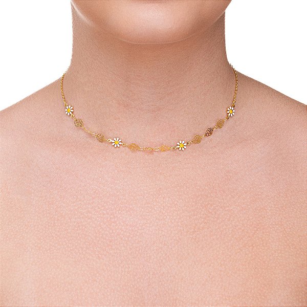 Choker Flores e Margaridas folheado a ouro