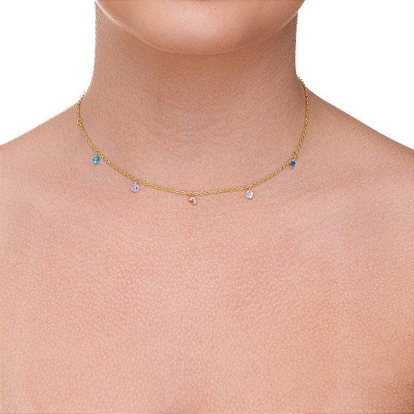 Choker com ponto de luz em zircônia colorido