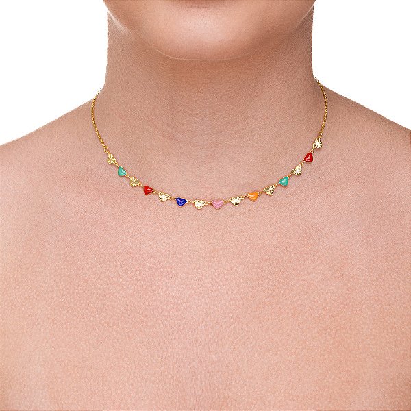 Choker de coração resinados folheado a ouro