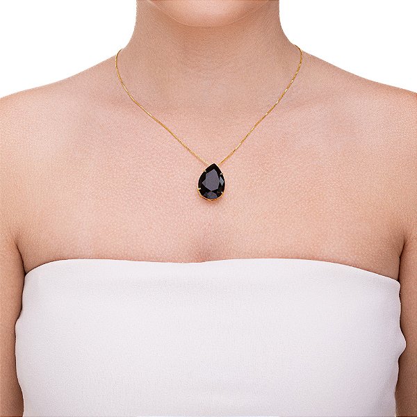 Colar gota de vidro preto folheado a ouro