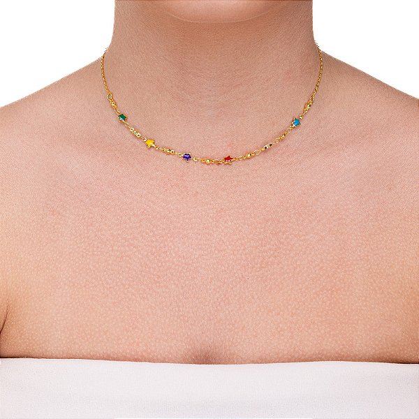 Choker estrelinha coloridas folheadas a ouro