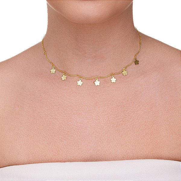 Choker canga com florzinhas folheado a ouro