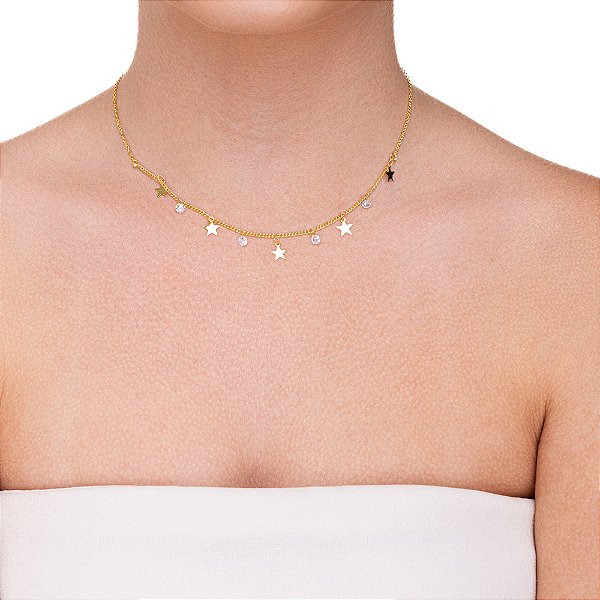 Choker estrelinhas com ponto de luz folheado a ouro