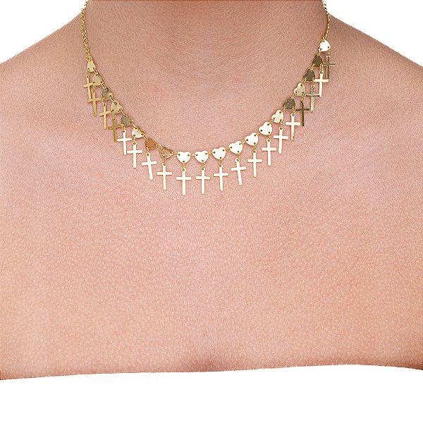 Choker coração e cruz folheado a ouro