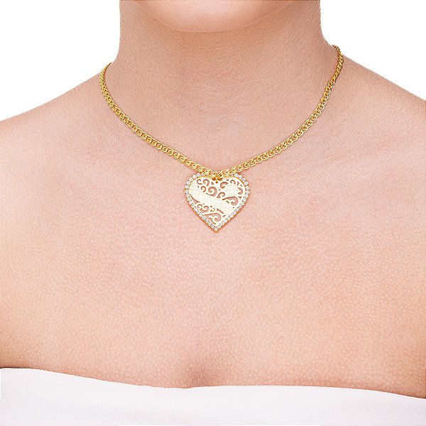 Colar de coração com love dentro na corrente de elo folheado a ouro