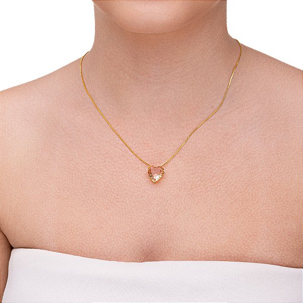 Colar de coração vidro bege na corrente veneziana folheada a ouro