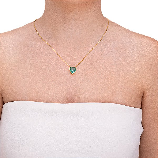 Colar de coração vidro acqua na corrente veneziana folheada a ouro