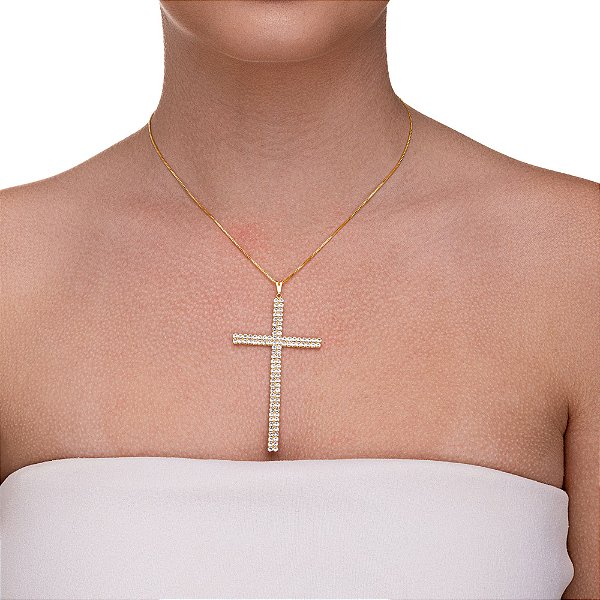 Colar cruz de strass cristal folheado a ouro