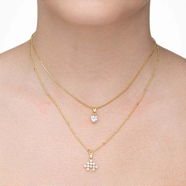 Colar duplo ponto de luz com pedra strass folheado a ouro