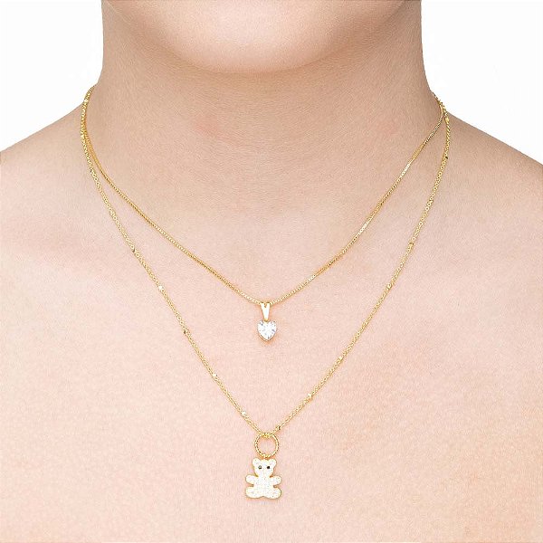 Colar duplo de ursinho com ponto de luz folheado a ouro