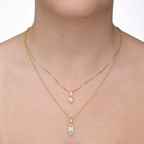 Colar duplo com pingente de coração e com zircônia folheado a ouro