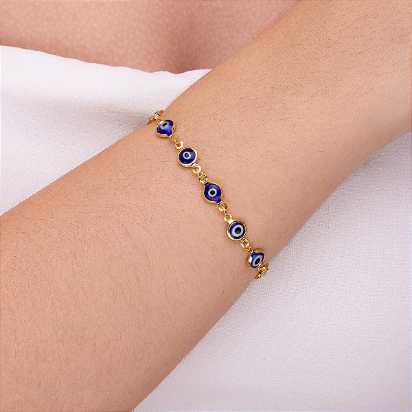 Pulseira de olho grego redondo azul bic folheado a ouro