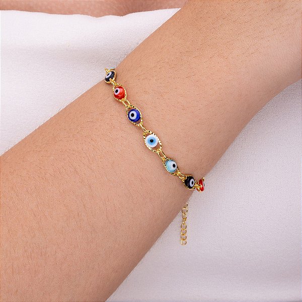 Pulseira de olho grego colorido em elos dourado folheado a ouro