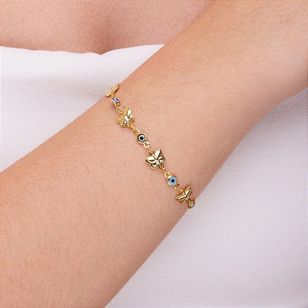 Pulseira de olho grego com borboletas intercaladas folheada a ouro