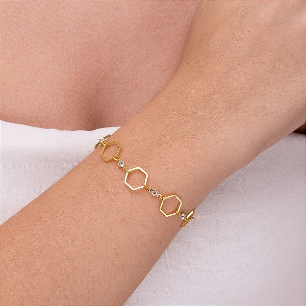 Pulseira hexagonal com strass folheada a ouro