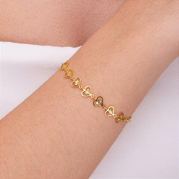 Pulseira de coração vazado folheado a ouro