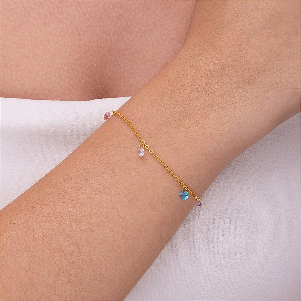 Pulseira com pedrinha coloridas em zircônia folheado a ouro