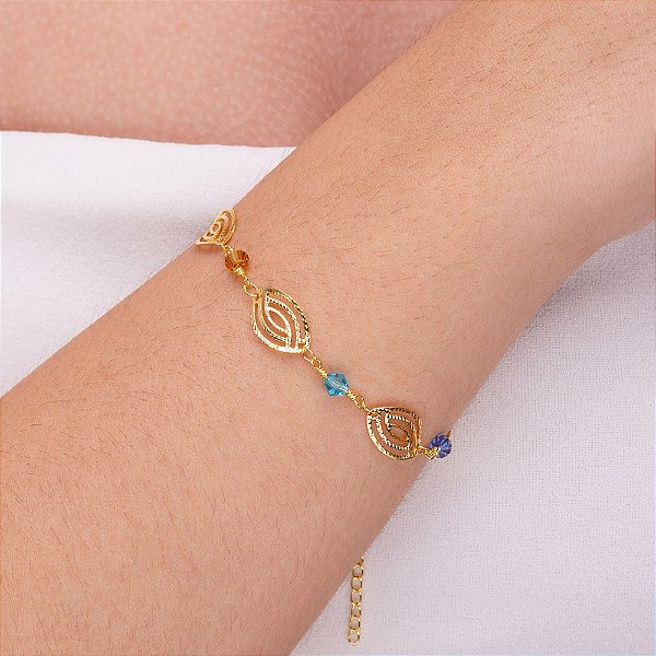 Pulseira bolinhas coloridas folheada a ouro