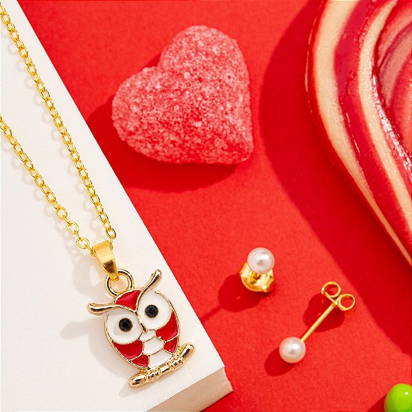 Conjunto infantil com pingente de coruja vermelha