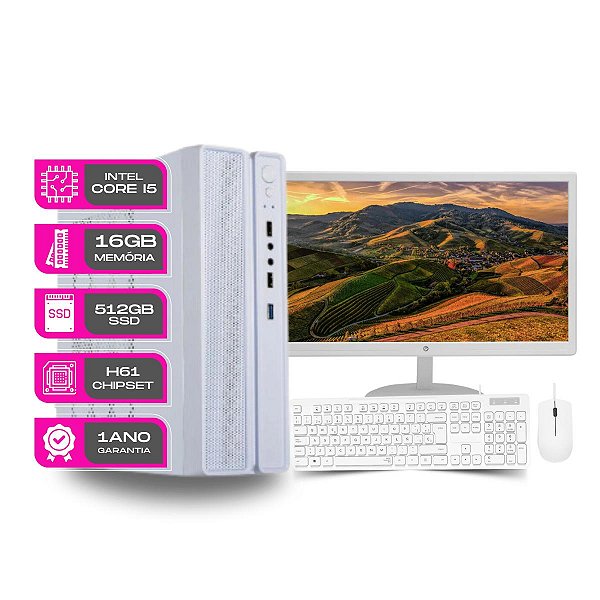Computador PC Master Completo Slim branco Core i5 16gb 512gb ssd sata Monitor de 19