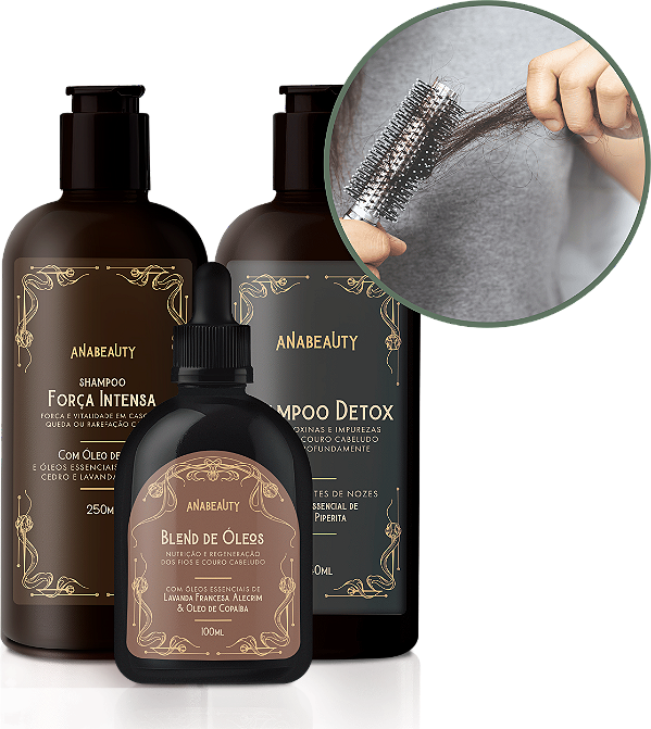 Kit Queda de Cabelo - Shampoo Força + Shampoo Detox + Blend Óleos