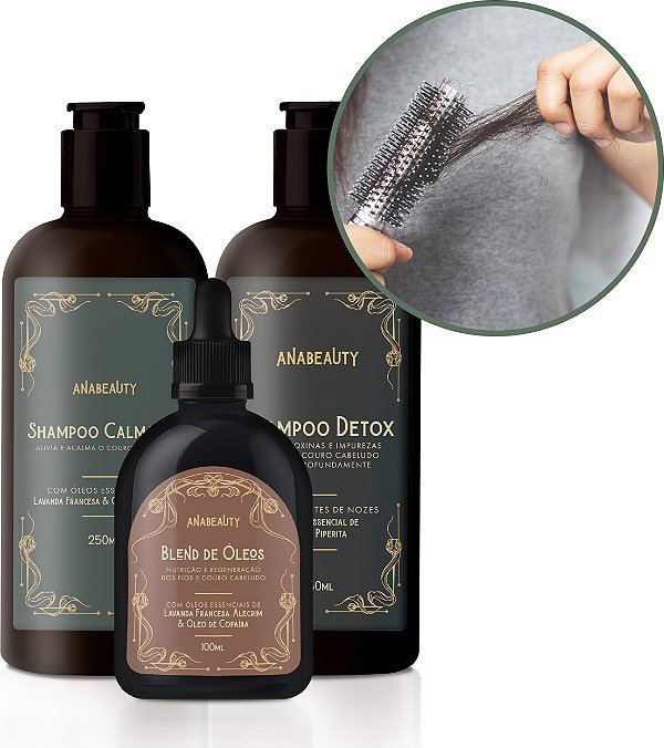 Kit Queda de Cabelo - Shampoo Calmante + Shampoo Detox + Blend Óleos