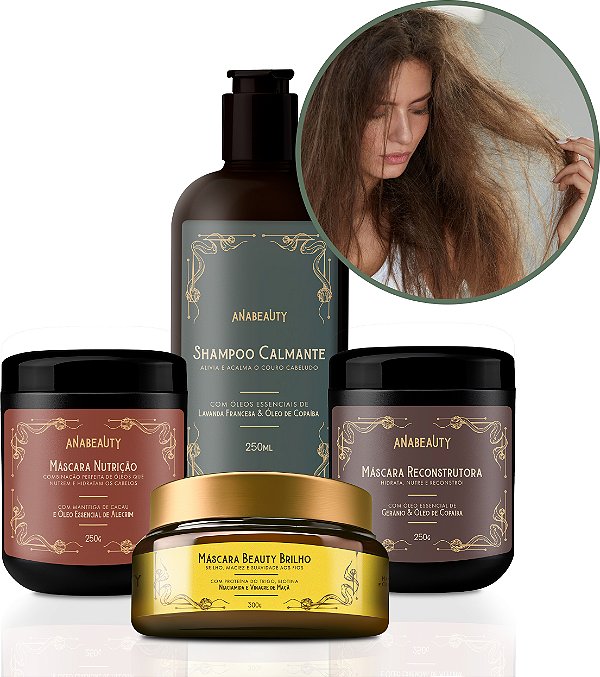 Kit Cabelos Finos e Desvitalizados - Shampoo Calmante + Máscara Reconstrutora + Máscara Nutrição + Máscara Beauty Brilho