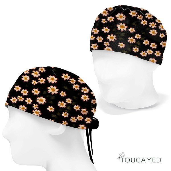 Touca Cirúrgica, Floral, Flores Amarelas, Fundo Preto
