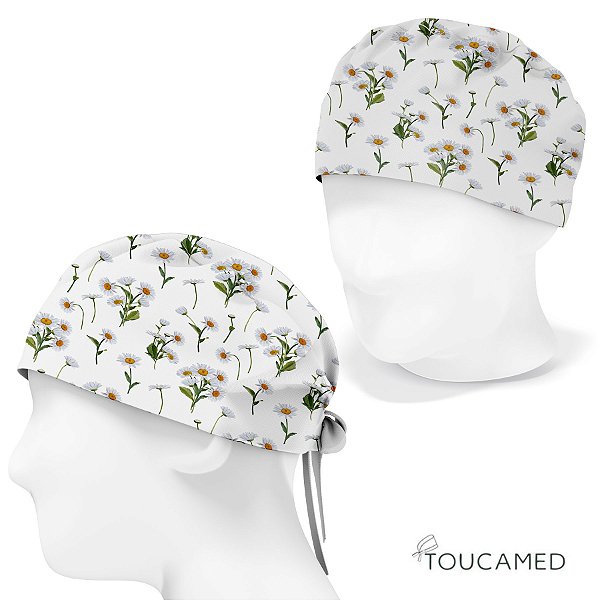 Touca Cirúrgica, Floral, Flores Brancas, Margaridas, Fundo Branco