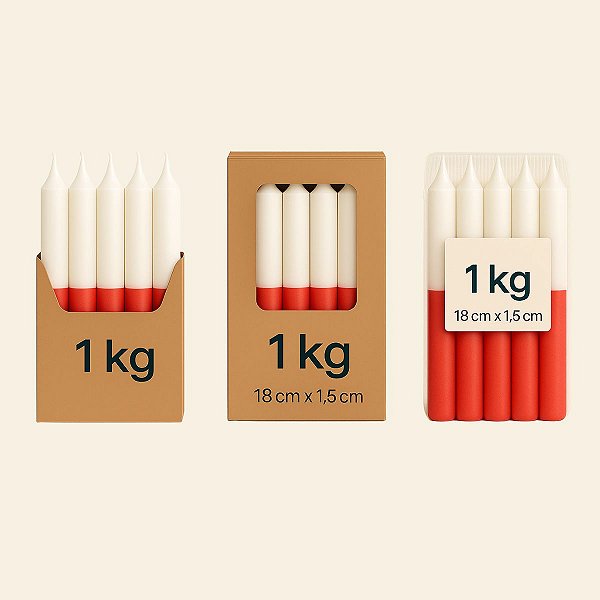 Velas Palito Branco/Vermelho (Bicolor) Parafina Pura – Queima ~5h | Pacote 1kg