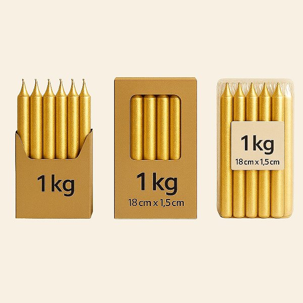 Velas Palito Dourada Parafina Pura – Queima ~5h | Pacote 1kg