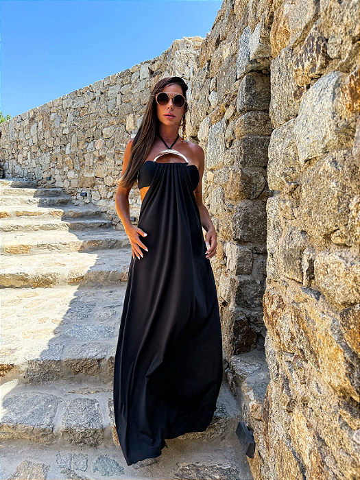Vestido Vogue – Preto longo com top bojo e gargantilha