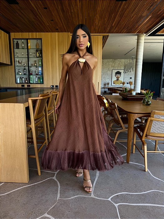 Vestido Aire Marrom – midi com franjas